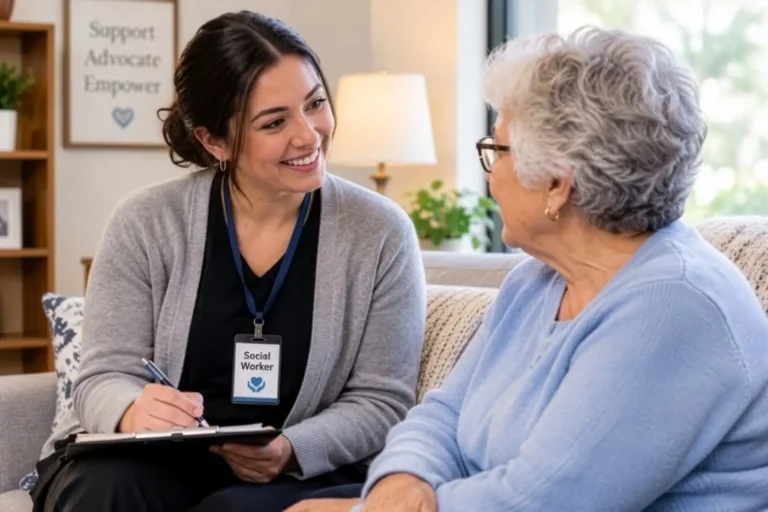 Social worker with senior woman